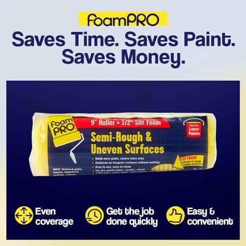 FoamPro 22 High Capacity Slit-Foam Paint Roller Cover for Semi-Rough & Uneven Surfaces - for Acoustical Ceilings, Textured Walls & Fences, Pavers - 9" x 1/2" Nap