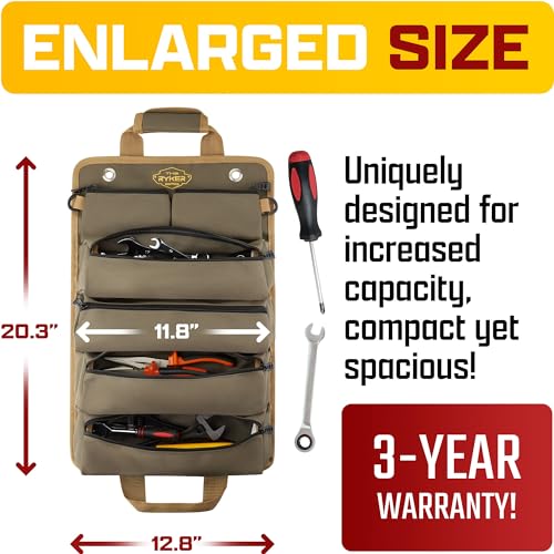 The Ryker Roll Up Tool Bag Organizer Gifts for Dad. Heavy Duty Motorcycle Tool Roll Bag Organizer. Portable Rollup Toolbag w/Detachable Pouches - Tools Bags Mens gifts for him - Mechanic & Electrician