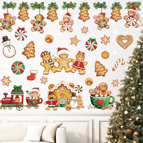 Christmas Wall Stickers Gingerbread Man House Xmas Tree Wall Stickers Peel and Stick Large Room Mural Decals for Winter Home Party Decoration, 8 Sheets