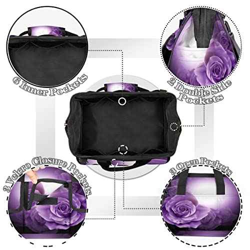 Purple Flowers Roses Tool Bag for Men Women Heavy Duty Multi-Pockets Wide Mouth Tool Tote Waterproof Tool Bag Organizer with Adjustable Shoulder Strap