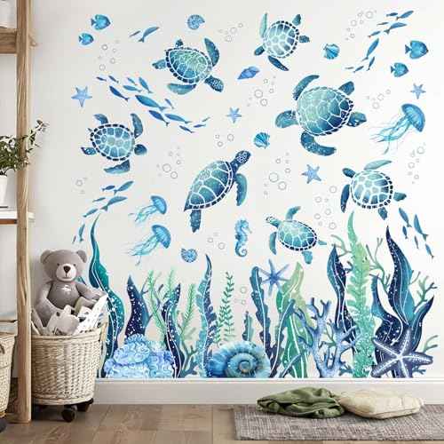 Ocean Sea Turtle Wall Stickers - Under The Sea Marine Theme Seaweed Grass Wall Decals - Baby Nursery Kids Bedroom Daycare Bathroom Wall Decor Stickers