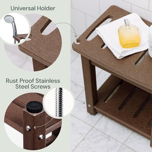 Waterproof Corner Shower Stool - Shower Bench (Dark Brown) - Adjustable Feet for Any Surface - Waterproof Slatted Surface for Efficient Drainage - No Maintenance Needed