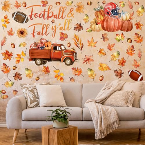 Haull 6 Sheets Thanksgiving Wall Decals Fall Maple Leaves Pumpkin Wall Peel and Stick Autumn Thanksgiving Decals for Windows Home Nursery Bedroom Living Room Office Party Decoration