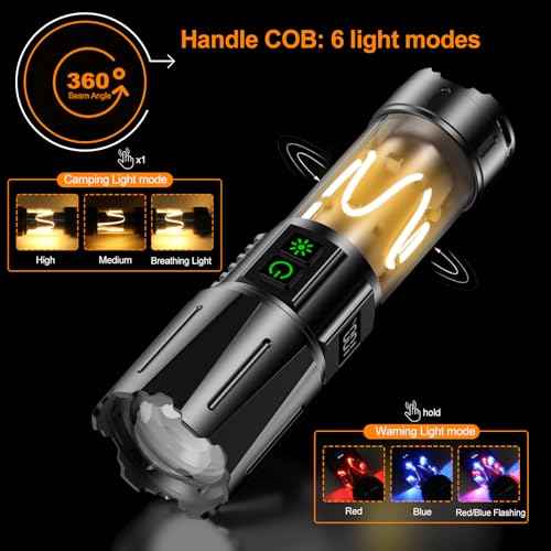 Super Bright Flashlight High Lumens 10000 Rechargeable, Powerful 30W LED, Long Lasting 30H, Daul Bottons 10 Modes with Side Light, Quick USB C Charge & Output, Multi-functional for Home Camping Hiking
