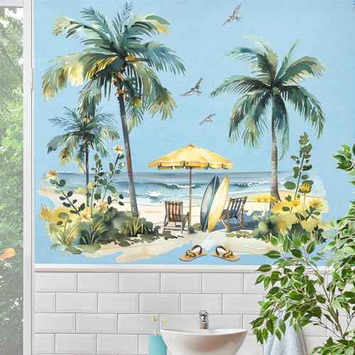 Tropical Palm Tree Wall Stickers Peel and Stick Summer Beach Wall Decals Large Sea Waves Beach Chairs Wall Art Decal for Living Room Bedroom Offiice Sofa TV Background Decor