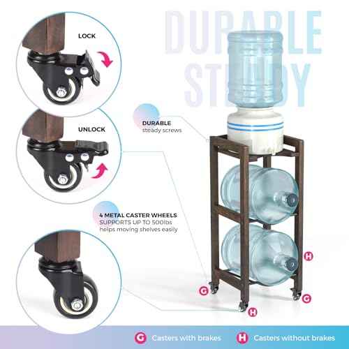 3-Tier 5 Gallon Water Jug Holder with Top Shelf ? 4 Metal Wheels or Adjustable Feet ? Natural Hardwood Water Dispenser Floor Stand ? Wooden Organizer for Kitchen, Office, Garage ? Space-Saving Design