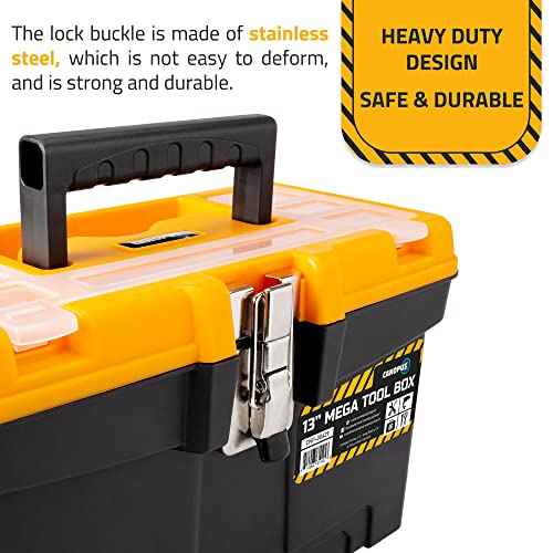 CANOPUS Plastic Toolbox, 13-inch Portable Mega Tool Box with Metallic Clutch, Tool Organizer with Extra Storage Tray for Home Tools, Nails and Pins, Black-Yellow