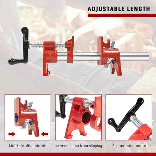 Pipe Clamps 3/4 inch 6 Pack Pipe Clamp with Unique Foot Ideal for Carpentry, Home Improvement, and DIY Projects Wood Gluing Clamps (Red, 3/4 IN)