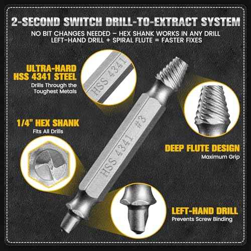 6-Piece Damaged Screw Extractor Set, #0 - #4, Easy Out Left Hand Drill Bits & Spiral Flute Extractors for Broken, Stripped, Rusted Bolts in Metal, Wood, Automotive, Gifts for Men