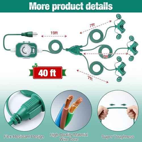 Feekoon 40 Ft Extension Cord Outdoor with Outlet Timer, 1 to 3 Splitter Extension Cord with Multiple Outlets 16/3 SJTW Green Split Cable Weatherproof Covers for Holiday Christmas Lights