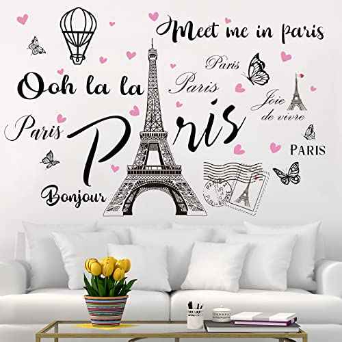 2 Sheets Paris Tower Wall Stickers Decor Paris Eiffel Tower Peel and Stick Wall Decal Large Black Removable Balloon Stickers for Bedroom Living Room Sofa Backdrop Romance Decoration