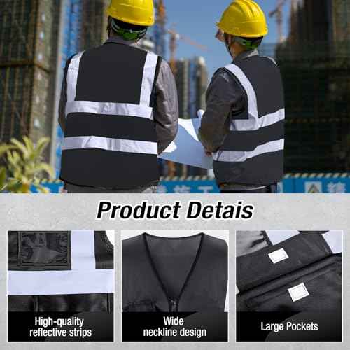 Jeffbaubl 10 Pcs Reflective Vest, High Visibility Construction Vest, Reflective Vests with Pockets and Zipper, Work Vests for Men Women(Black)