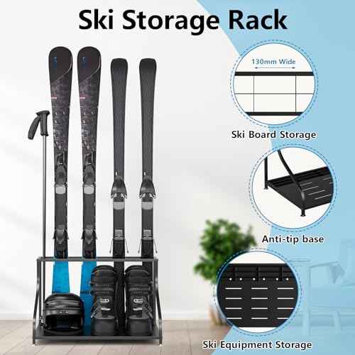Ski Storage Rack-Holder Garage - Freestanding Ski Equipment Organizer Ski Boot Snowboard Rack Stand Snow Gear Storage