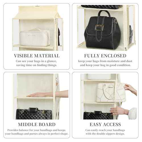 8 Grids in 1 Pack Hanging Purse Handbag Organizer with Double Zippers, Visible Purse Organizer for Closet, Fully Enclosed Purse Storage Holder-Beige