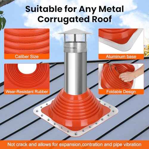 #6 Metal Roof Pipe Flashing Boot, Metal Roofing Pipe Flashing Boot Fits Pipe OD 5" to 9" Wide, Includes Flexible Silicone High Temp Roof Vent Boot, Hex Socket x2, Roofing Screw x50, Square Base, Red