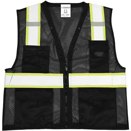 Kishigo Black Enhanced Visibility Men's Vest B100, Multi Pocket Mesh Hi-Vis Vest, Ultra-Cool Polyester, 6 Pockets, Zipper