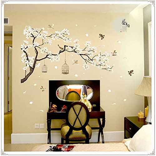 Large White Flower Wall Stickers, 50"x74" Removable DIY Romantic Cherry Blossom Tree Wall Murals Peel and Stick 3D Wall Art Stickers Home Decor for Gilrs Bedroom Nursery Rooms Living Room