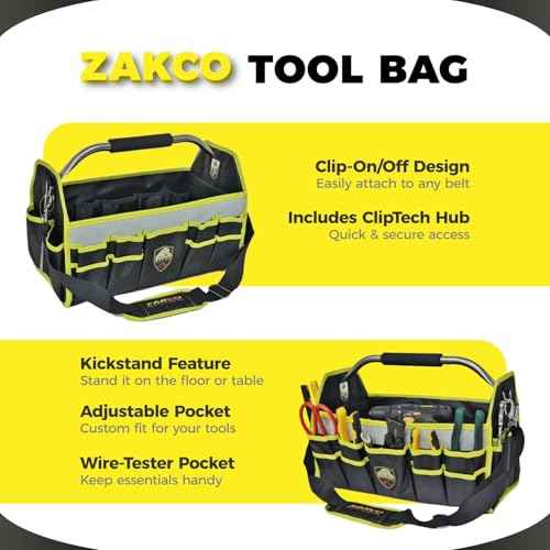 16" Open Top Tool Tote, 1680D Durable Tool Organizer for Plumber, Electrician, HVAC Technicians. Trade Professionals Tool Bag, Tool Bag with Detachable Strap (Yellow with SS Handle, 16 Inches)