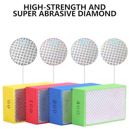 XKDOUS 4PCS Diamond Hand Polishing Pads, 60/100/200/400 Sanding Pads Tile Tools Sanding Block Polishing for Ceramic Tile Glass Stone Marble Granite Metal Grinding