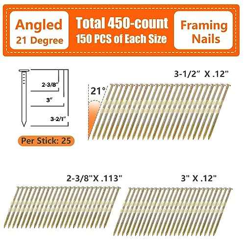 Framing Nails 21 Degree 3 SIZES (3-1/2"+3.0"+ 2-3/8", 150 per Size) Full Round Head EG Smooth Shank, 450 Count Assorted Size, for Pneumatic, Electric 20 to 22 Degree Framing Nailer