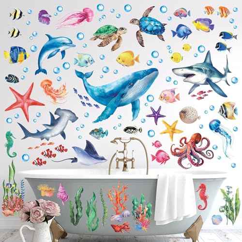110PCS DIY Marine Animal Stickers, PVC Wall Decals for Home & Commercial Spaces - Whale, Turtle, Octopus, Dolphin, Coral Designs, Multi-Surface Adhesive Art for Kids & Adults