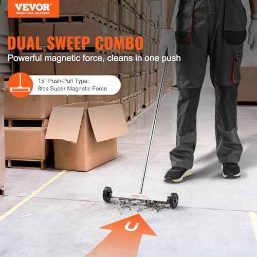 VEVOR Magnetic Sweeper with Wheels, 15inch Mini Magnetic Sweeper, 8 lbs Capacity, Adjustable Handle, Lightweight Magnetic Pickup Sweeper to Pick Up Nails and Screws, Easy Cleanup of Workshop Garage