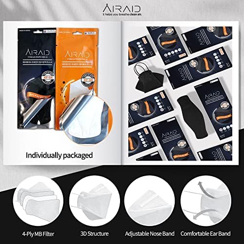 AIRAID-KF94 [Individually Wrapped] - Made in Korea, 4-Layer Filter, 3D Face Mask, Black, White, Adult and Older Teens