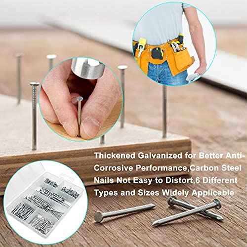 376pcs Hardware Nails Assortment Kit with 8oz Small Claw Hammer, Mini Hammer with Anti-Slip Handle, Maximum Length 2 Inches, Finishing Nails for Hanging Pictures, Household & DIY