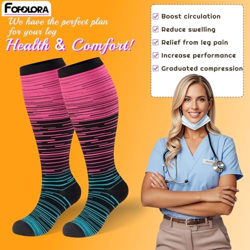 Plus Size Compression Socks for Women & Men 3 Pairs, Wide Calf Extra Large 20-30 mmHg Knee High Support Socks for Travel, Running, Nurse