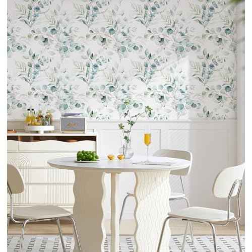 HAOKHOME Peel and Stick Wallpaper Boho Green/White Eucalyptus Leaf Floral Wall Mural Home Nursery Decor Renter Friendly Wallpaper 17.3in x 78.7in