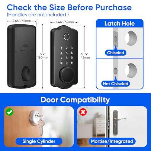 Fingerprint Smart Door Lock, Keyless Entry Deadbolt, Electronic Biometric Deadbolt with Phone/Watch App Control, Auto Lock with Touchscreen Keypad for Bedroom, Front Door, 7 Ways to Unlock
