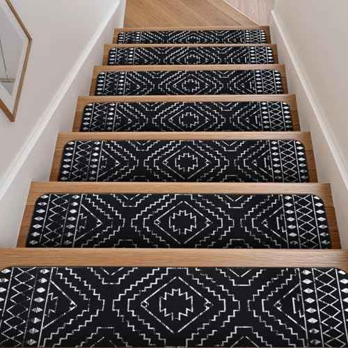 OJIA Boho Stair Treads Non-Slip Stair Runners for Wooden Steps Indoor 15PCS 30"x8" Washable Carpet Stair Treads Stair Mats Staircase Step Treads for Kids, Elders and Dogs, Stair Covers, Black