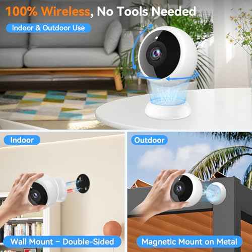 Magnetic Security Camera Wireless - 2K HD Video, AI Motion Detection, Battery Powered, Ease of Setup, 2-Way Audio,IR Color Night Vision, Waterproof, Outdoor & Indoor Surveillance