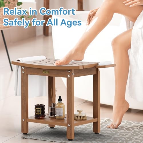 YEFU Shower Chair for Inside Shower: 21 Inch Oversized Waterproof/No Maintenance - Teak Shower Stool with Shelf & Handle 400 LBS - Bathrooms/Outdoor - Non-Slip Easy Assemble Bench for Adult/Elderly