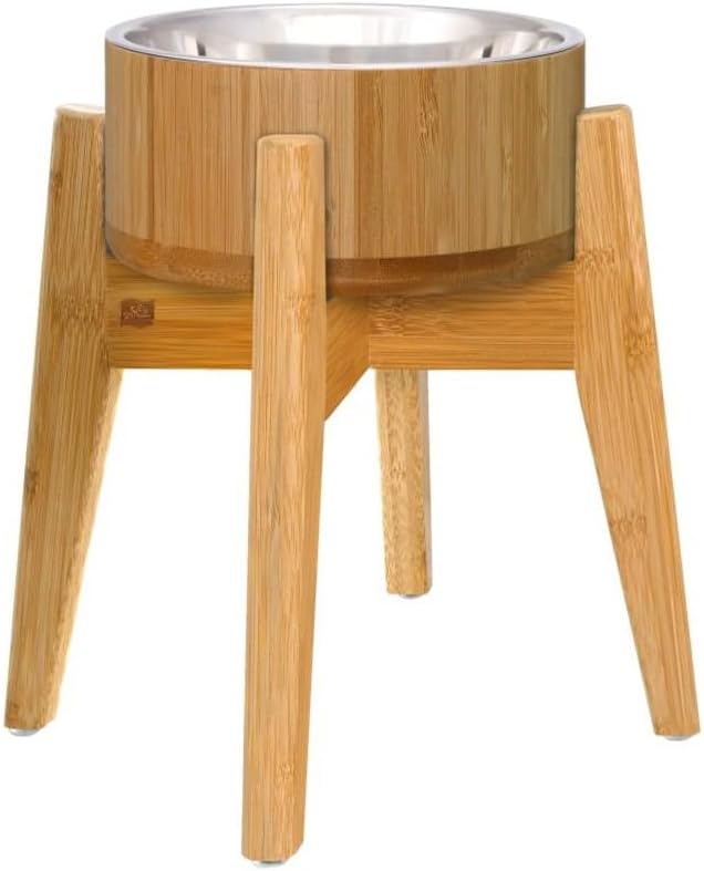 Raised Dog Bowl with Stand (12-inch) - Elevated Bamboo Food Bowl with Stainless Steel 304 Insert - Medium-to-Large Breeds Suitable