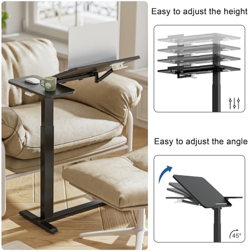 Ywin Medical Adjustable Tilt Overbed Bedside Table with Wheels, Swivel Portable Tray Table(27.6" W x 15.8" D), Small Standing Desk for Bedroom, Hospital, Couch, Office Use,Black