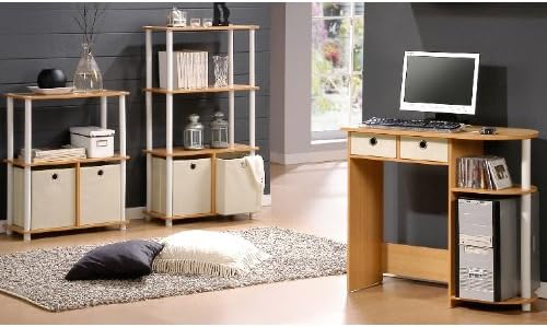 Furinno 99152BE/WH/IV 3-Tier Go Green Multipurpose Storage Rack Shelving Unit Bookshelf Cabinet with 2 Bins, Beech Finish