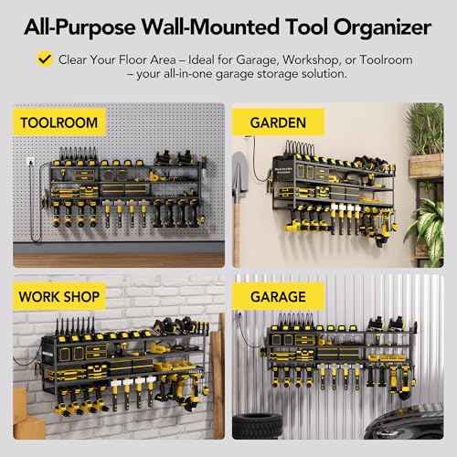 Power Tool Organizer Wall Mount with Charging Station, Cordless Tool Organizer, 12 Drill Holders 4-Tier Heavy Duty Drill Rack with 8-Outlet Power Strip, Garage Gift for Men
