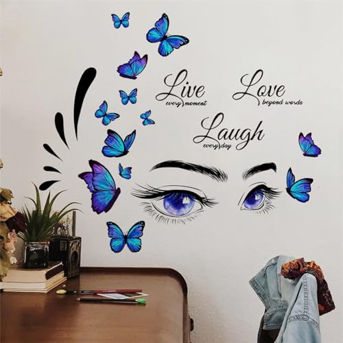 Blue Eyelash Eyes Butterfly Wall Stickers, sacinora Inspirational Quotes Motivational Word DIY Wall Decals Removable Vinyl Peel and Stick for Women Girl Kids Living Room Bedroom Nursery Art Decoration