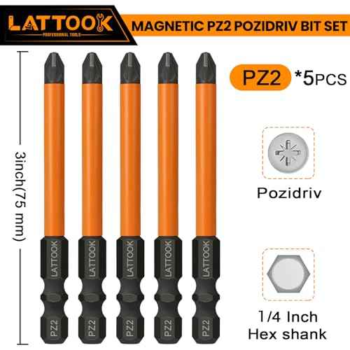Pozidriv Bit Set, LATTOOK 5-Piece PZ2 Pozi Bit Set, Magnetic S2 Steel Pozidriv Screwdriver, 3'' Long