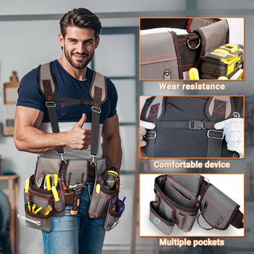 Tool Belt With Suspenders, Professional Tool Belt for Men, Magnetic Tool Belts With Suspenders, 18 Pockets Heavy Duty Detachable Adjustable Tool Belts for Electrician, Carpenter (Grey, 32''-66'')