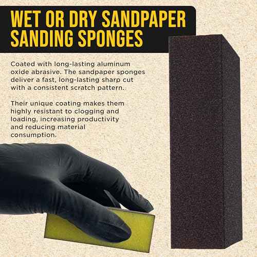 Dura-Gold 220 Grit 4-Sided Hand Sanding Block Sponges, Box of 6 - Performance Flex 3.9" x 2.75" x 1" Wet or Dry Flexible Sandpaper Abrasive Brick Pads, Reusable - Sand Wood, Drywall, Metal, Auto Paint