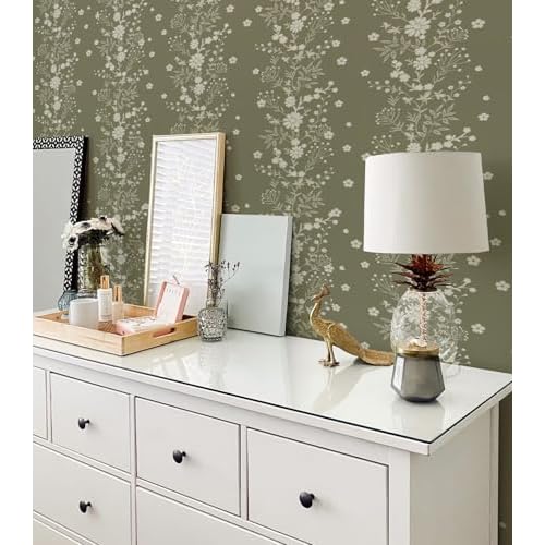 Tonal Floral Peel and Stick Wallpaper Sage Green Floral Self Adhesive Wallpaper Contact Paper Waterproof for Shelves Cabinet Drawer Table (Sage Green, 17.32in X 6.56ft)