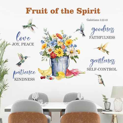 Yovkky Fruit of The Spirit Spring Flower Birds Inspirational Wall Decals Stickers, Motivational Quote Hummingbird Daisy Floral Home Bedroom Decor, Positive Bucket Living Room Kitchen Decorations