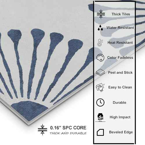 16-Sheet Peel and Stick Floor and Wall Tile, 9" x 9" Blue Stone Composite Self Adhesive Vinyl Flooring, Patterned Flower Groutble Backsplash Tile for Kitchen Bathroom Shower