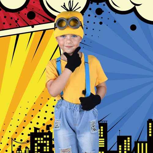 4Pcs Halloween Costume Accessories Kids Steampunk Goggles Glasses Blue Y-Back Suspenders Yellow Beanie Hats Black Gloves Perfect for Birthday Party and Halloween Cosplay Party