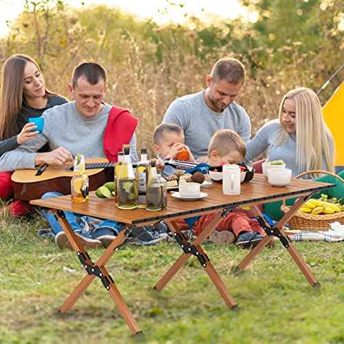 COSTWAY Folding Picnic Table, Roll-Up Aluminum Camping Table with Wood Grain, Portable Low Height Beach Table with Carry Bag for Camping, Picnic, BBQ & Hiking, Easy Assembly, Natural (47¡± x 23¡± x 18¡±)
