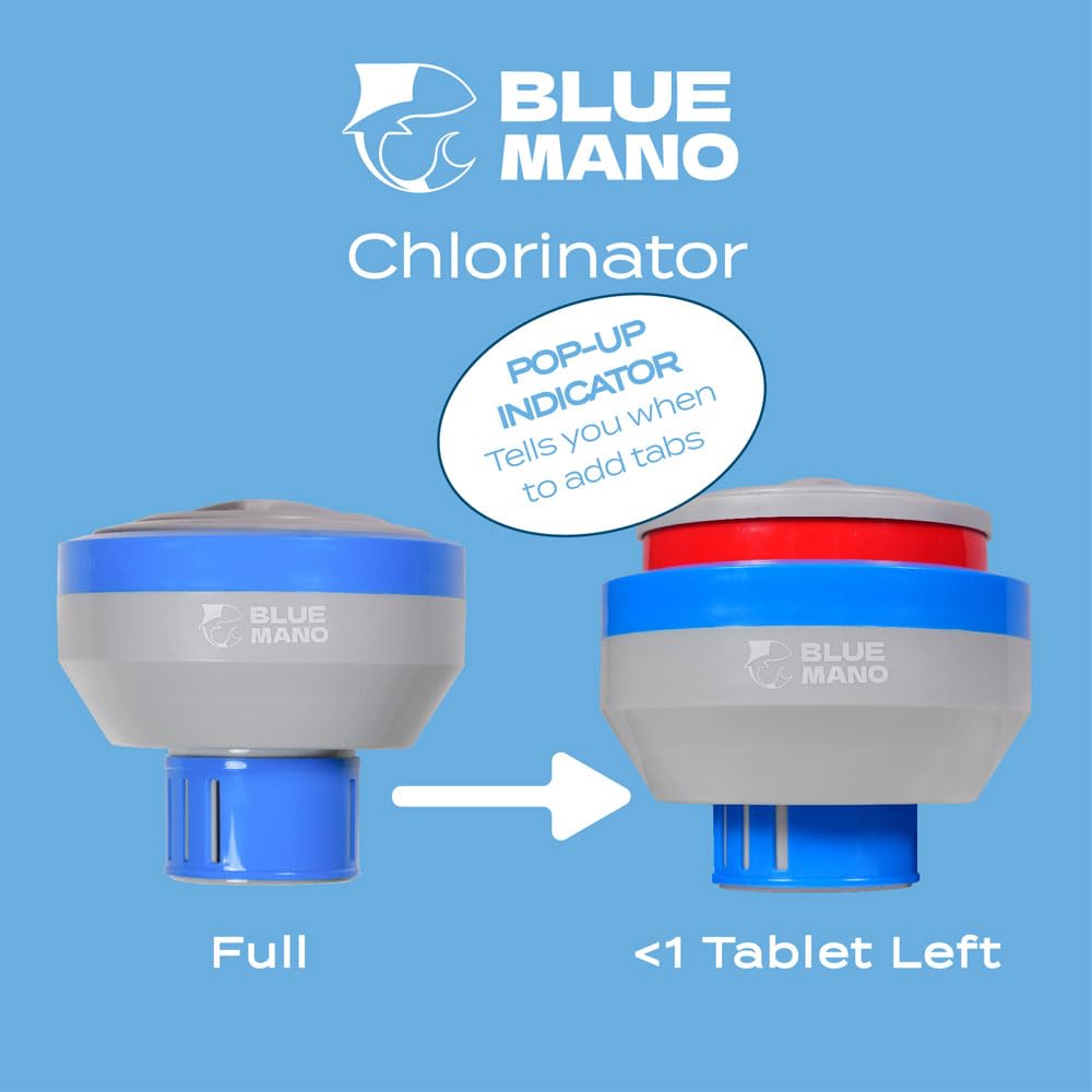 Blue Mano Chlorine Floater (V2.0 Upgraded) for 3 inch Tabs with Refill Warning, Durable Design, 7 inch Large Dispenser for Inground and Above Ground Swimming Pool