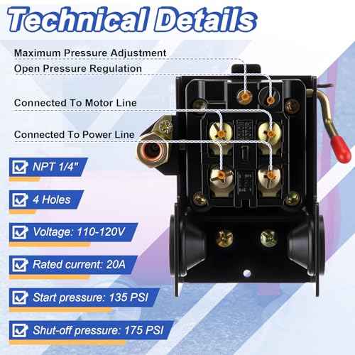 Dreyoo Air Compressor Pressure Switch 135-175 4-Port 20 Amp with 0-200 PSI Gauge and 200 PSI Safety Relief Valve, 1/4" NPT Replacement Pressure Switch Parts for Air Compressor