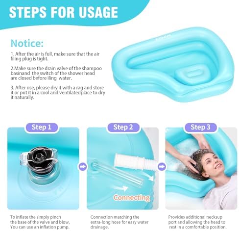 Portable Inflatable Shampoo Basin for Bedridden & Elderly - Zero Pooling Design | Fast-Drain Slope & Neck Support | Portable Hair Wash Bowl, Drain Hose | Hospital PVC | Home Use (Blue, Large)